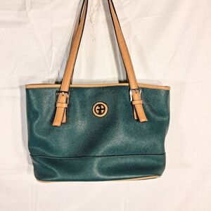 Elegant Giani Bernini Dark Green Zipper Closure Tan Interior 9 X 14 Tote/Purse